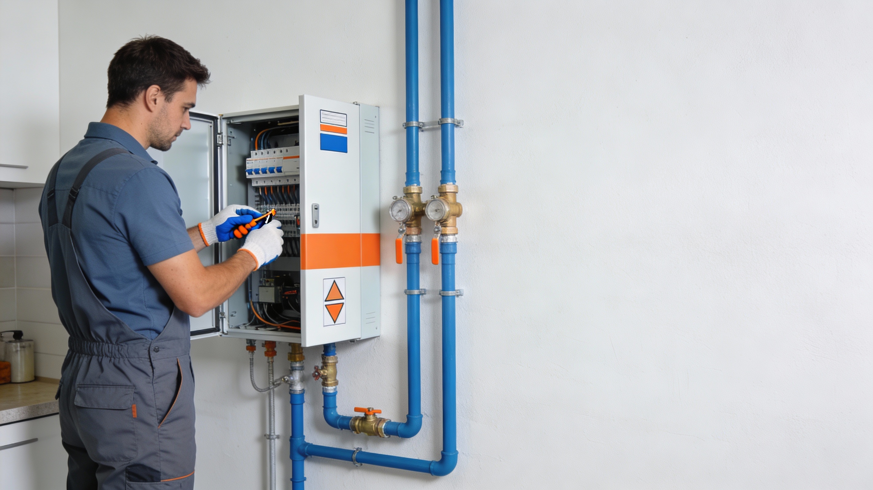 Technician performing plumbing and electrical maintenance