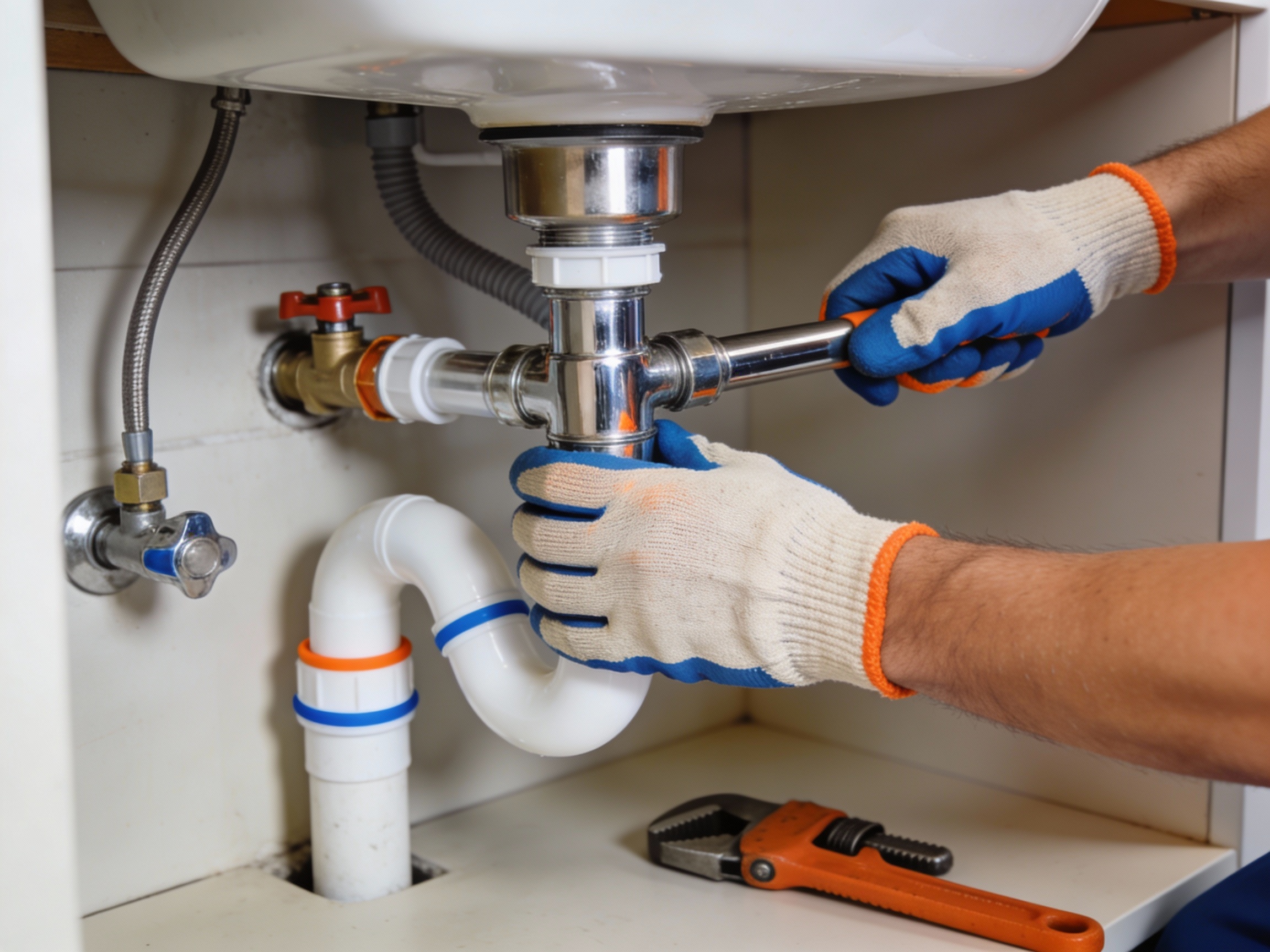 Plumber working on water supply pipes